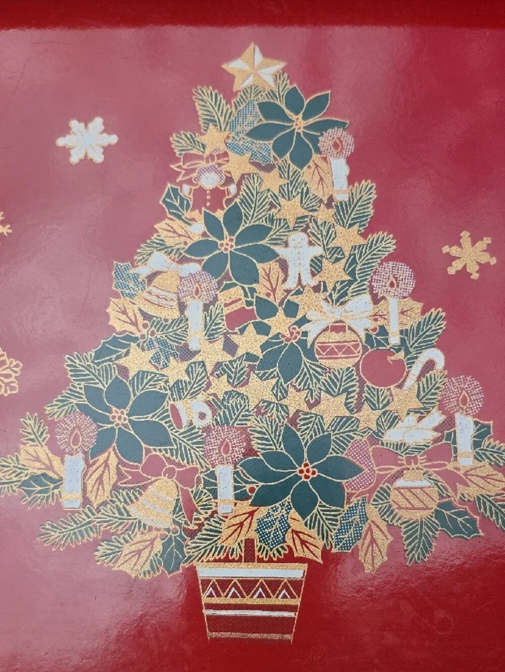 Antique Festive Red Holiday Serving Tray with Floral Christmas Tree Design